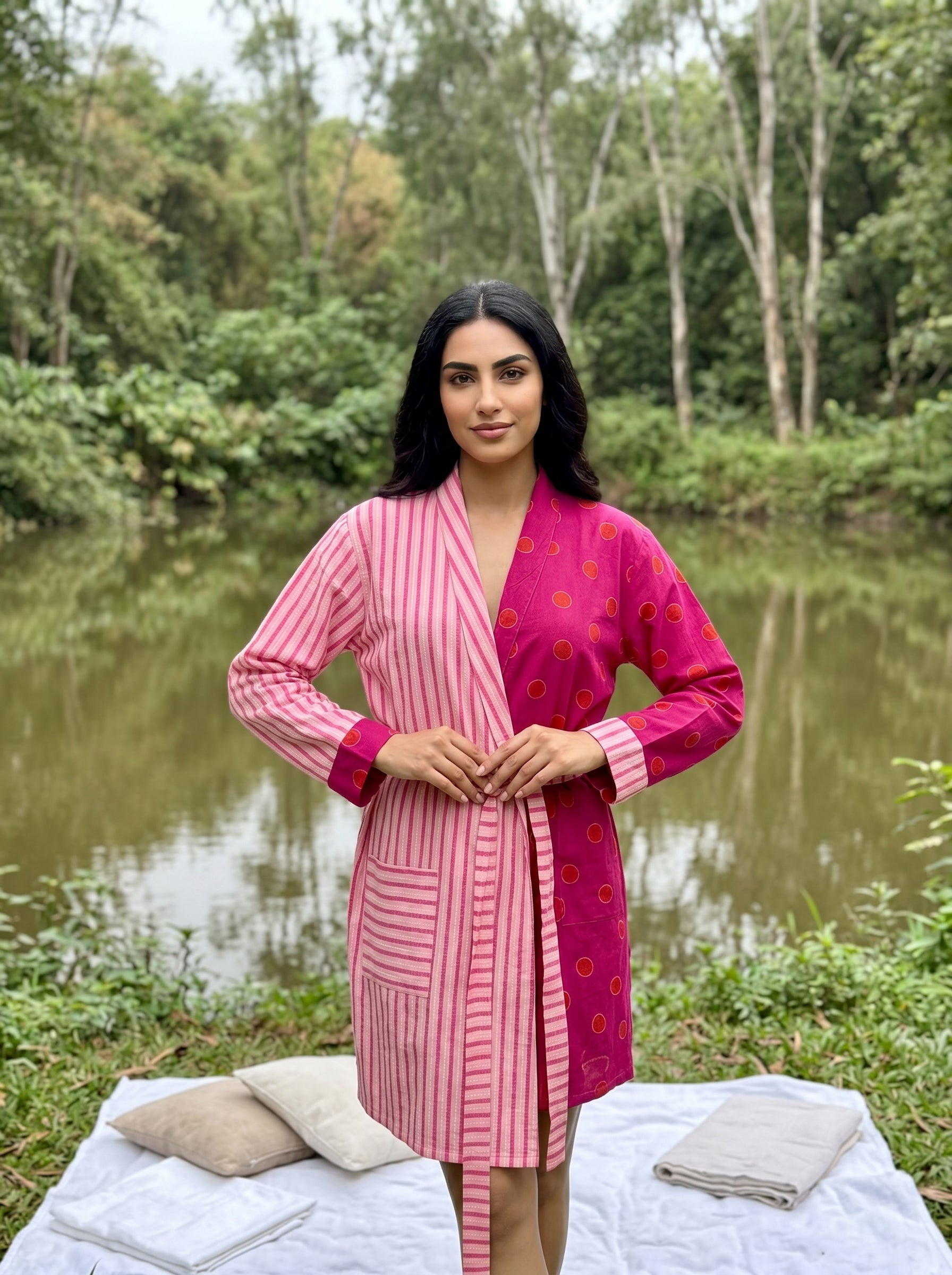 Pink Stripes Polka Dot V-Neck Cotton Bathrobe For Women