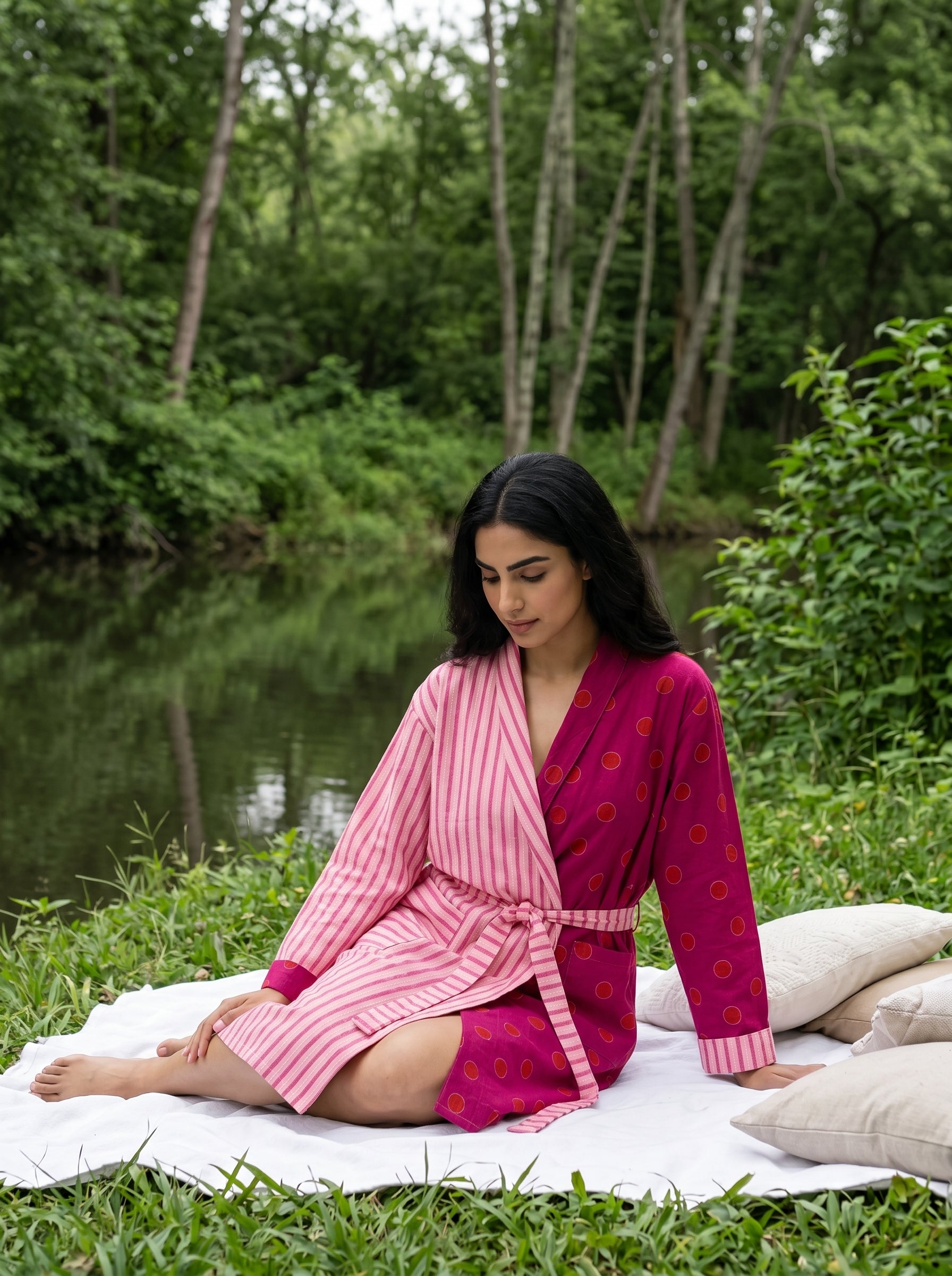 Pink Stripes Polka Dot V-Neck Cotton Bathrobe For Women