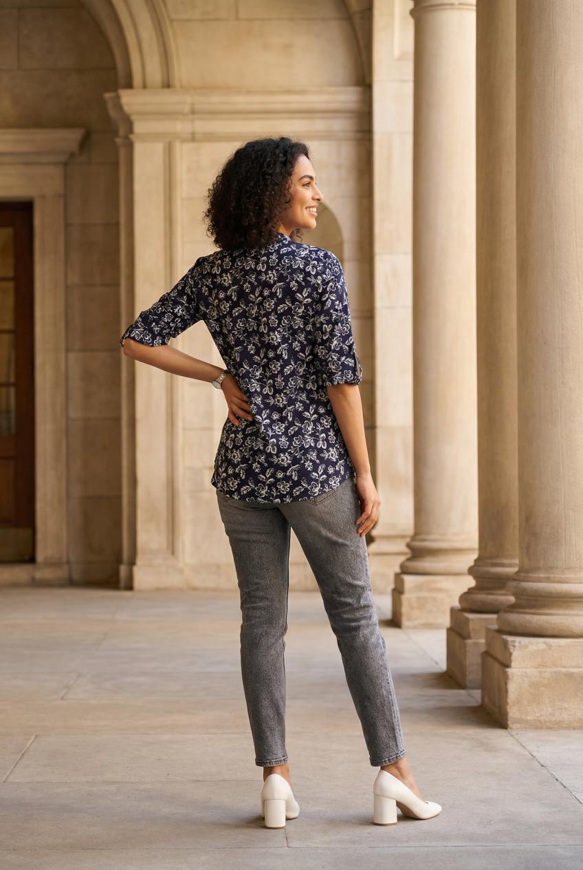 Black Floral Print Mandarin Collar Casual Shirt For Women
