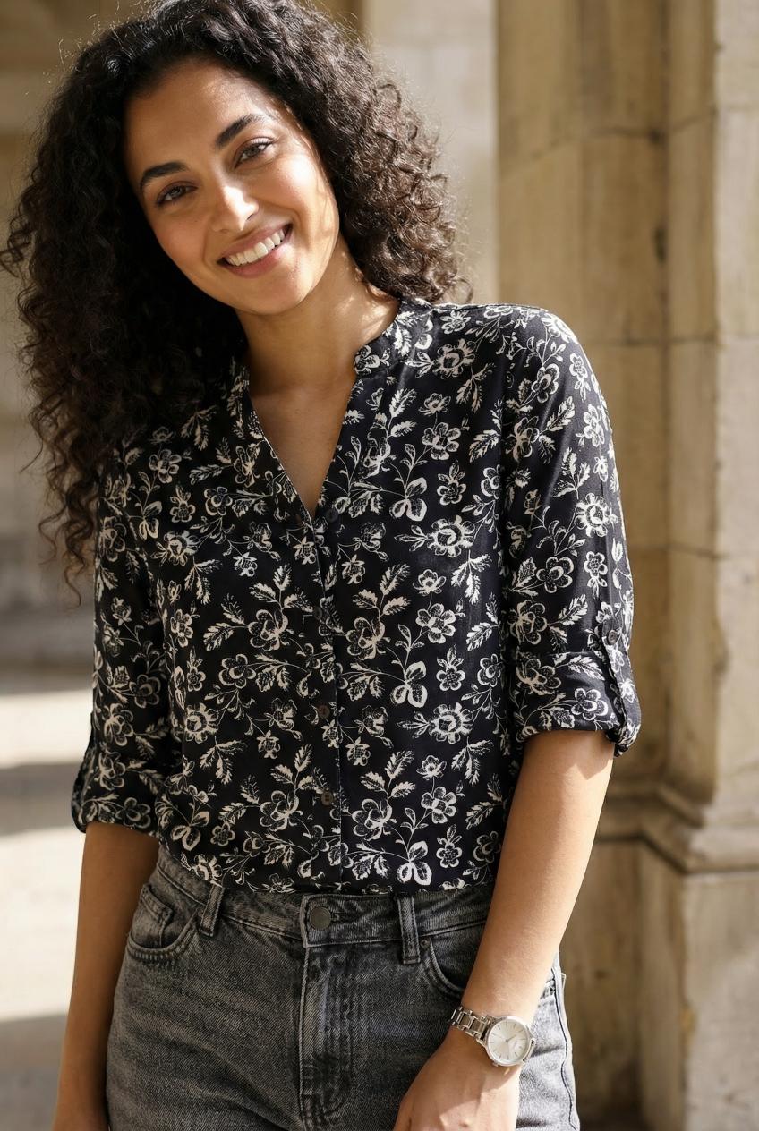 Black Floral Print Mandarin Collar Casual Shirt For Women