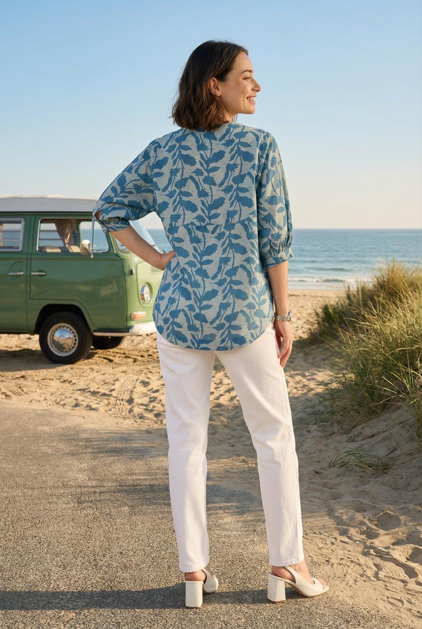 Teal Color Floral Print Cotton Shirt For Women