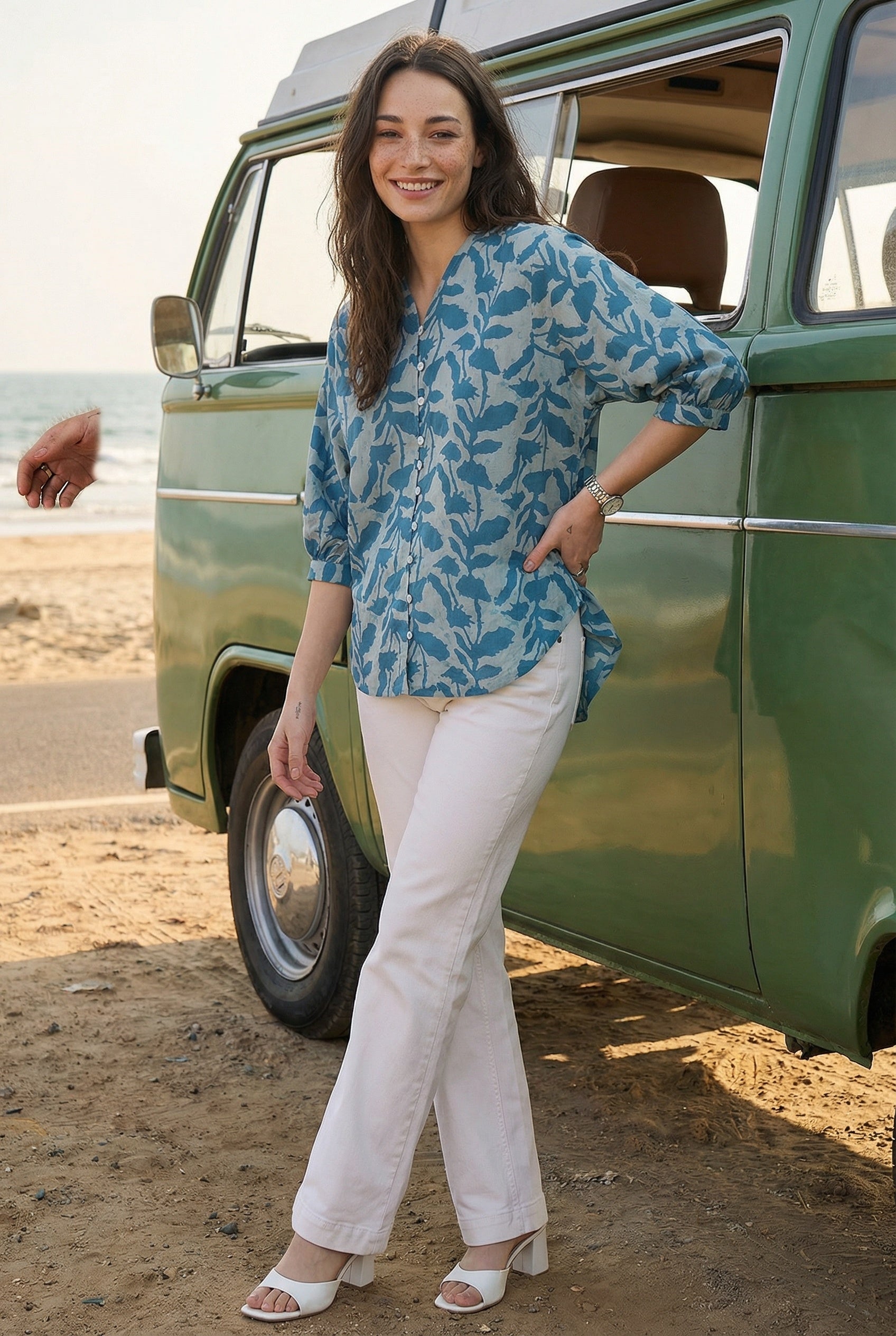 Teal Color Floral Print Cotton Shirt For Women