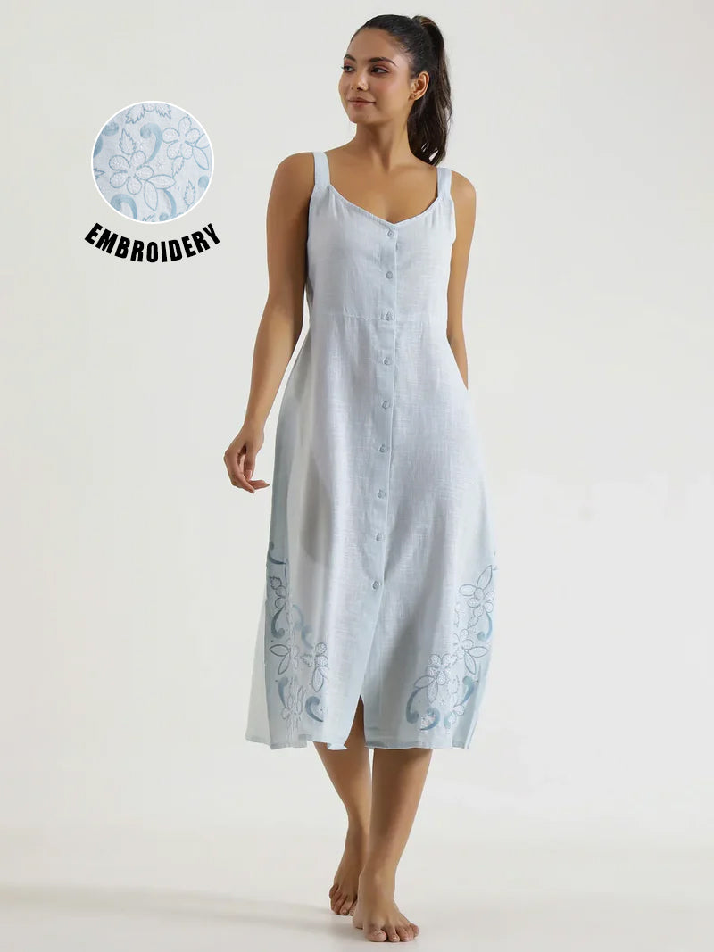 Solid Powder Blue Cotton Night Dress