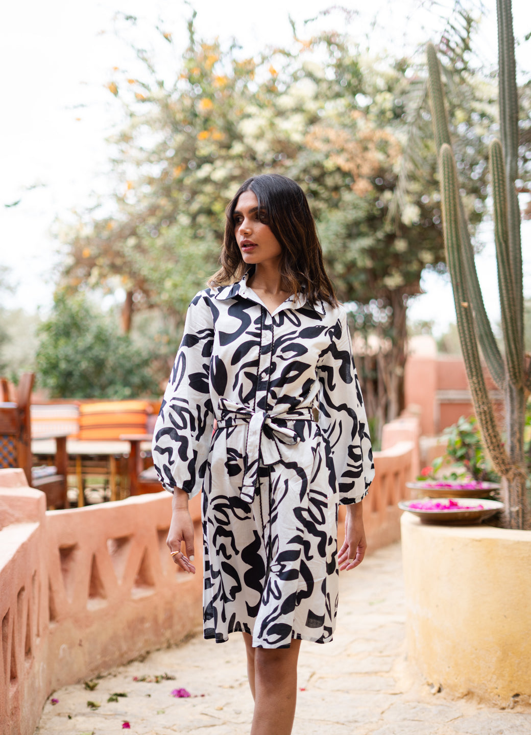 Black Printed Shirt Collar Dress for Women