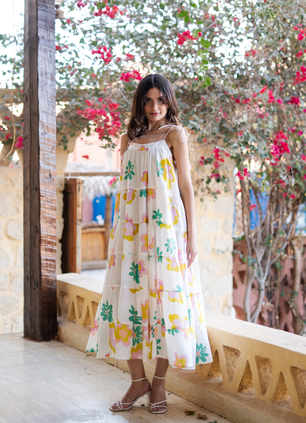 White Floral Printed Cotton Dress for Women