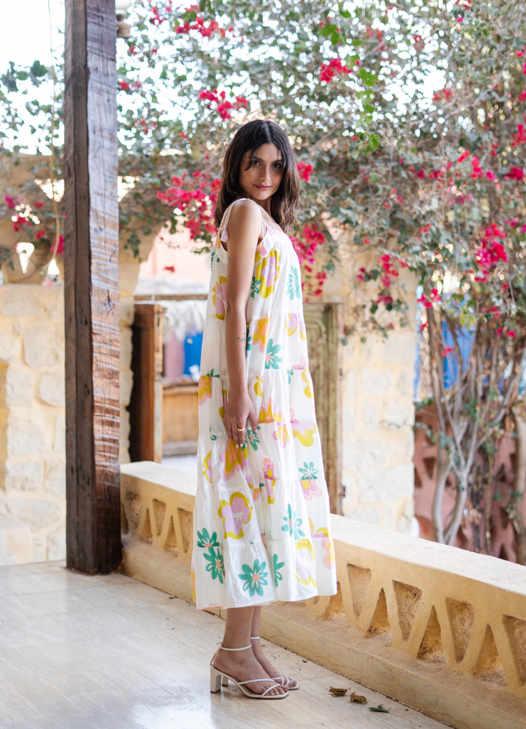 White Floral Printed Cotton Dress for Women
