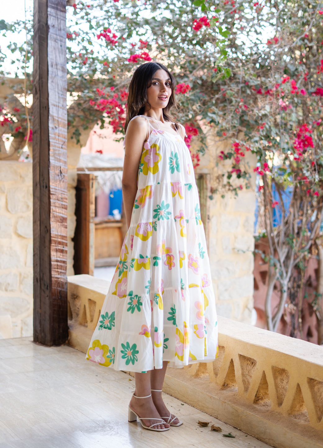 White Floral Printed Cotton Dress for Women
