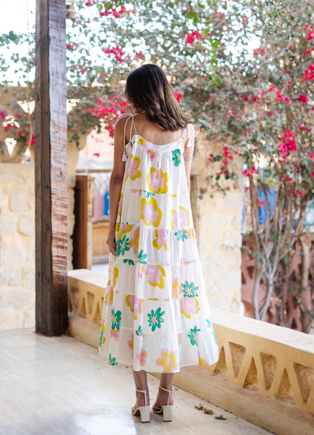 White Floral Printed Cotton Dress for Women
