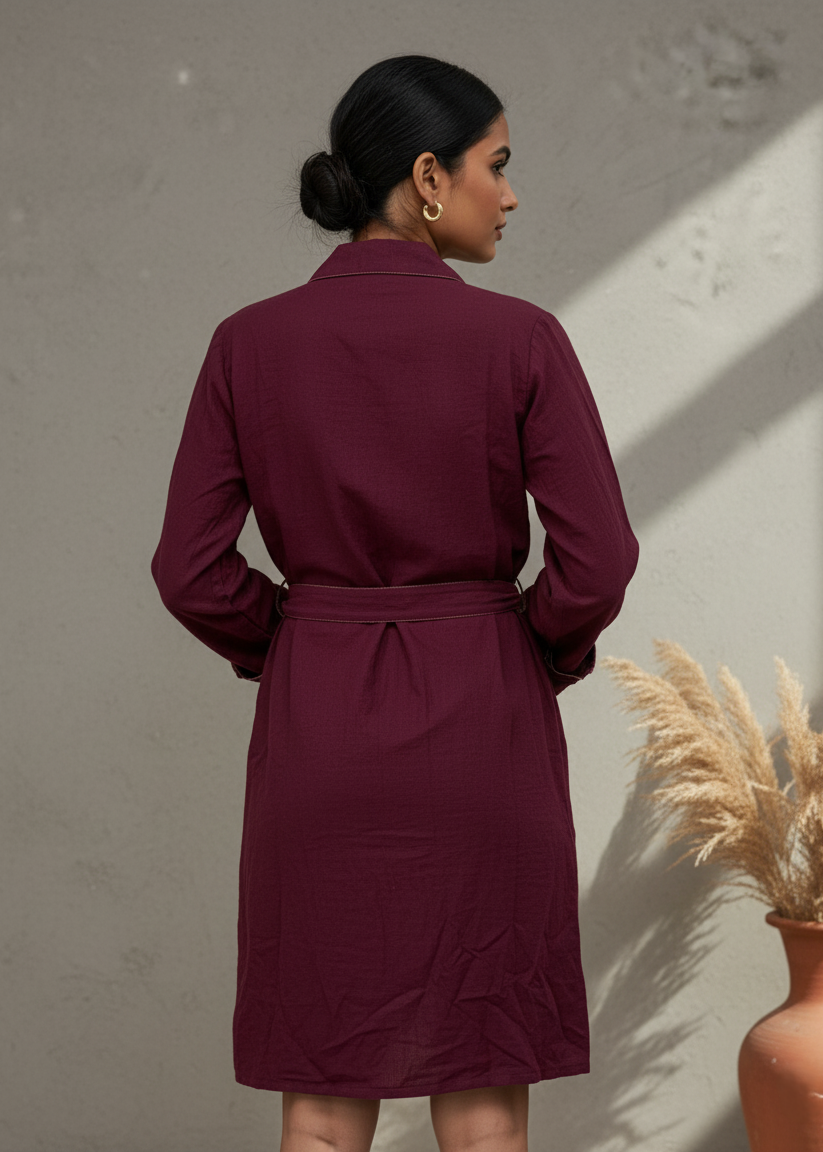 Maroon Solid Shirt Collar Dress Set For Women