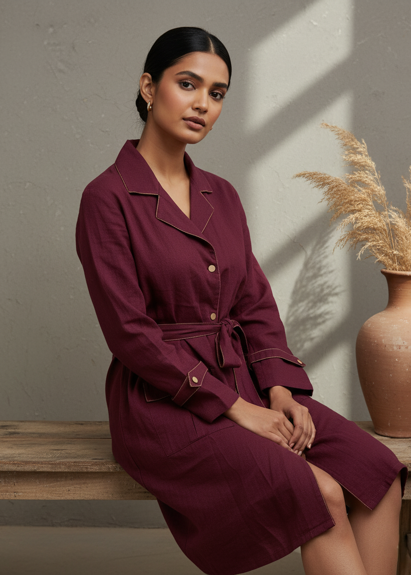 Maroon Solid Shirt Collar Dress Set For Women