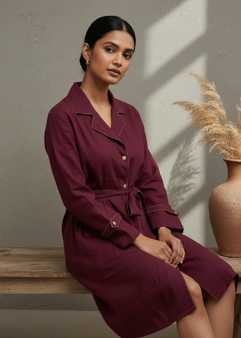 Maroon Solid Shirt Collar Dress Set For Women - SanskrutiHomes