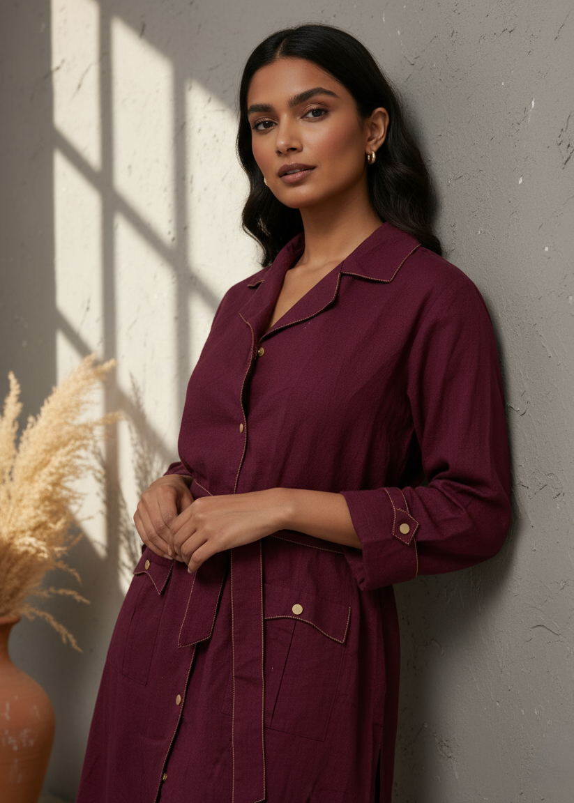 Maroon Solid Shirt Collar Dress Set For Women