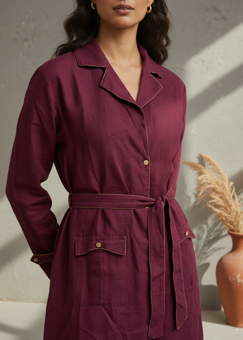 Maroon Solid Shirt Collar Dress Set For Women