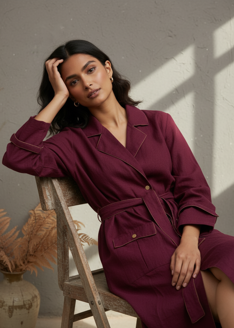 Maroon Solid Shirt Collar Dress Set For Women