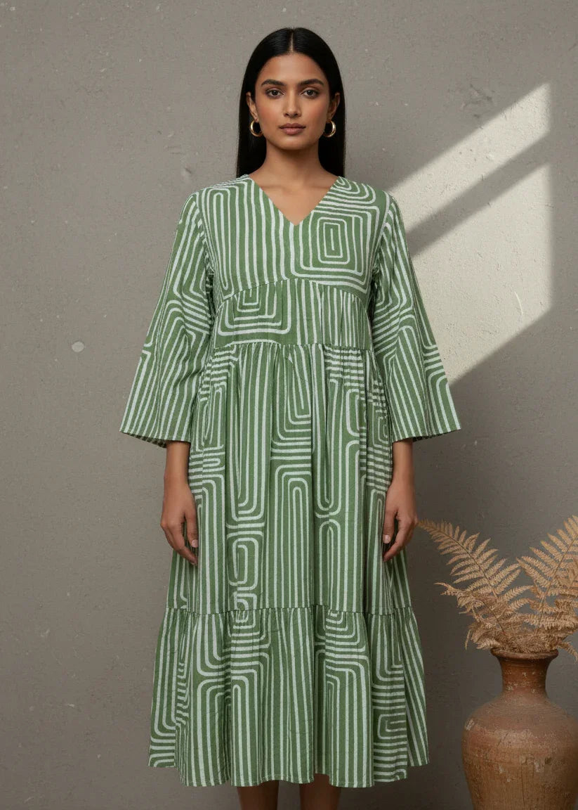 Off White Geometric Print V-Neck Dress for women - SanskrutiHomes