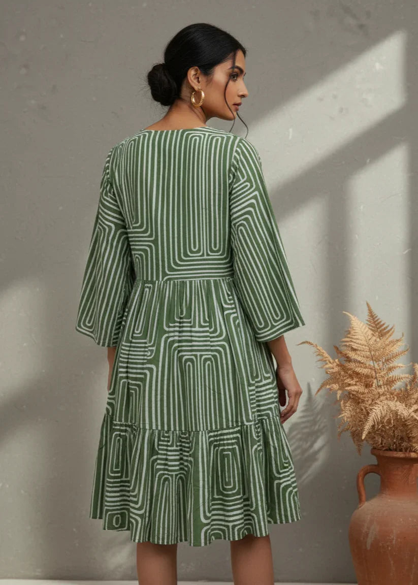 Off White Geometric Print V-Neck Dress for women - SanskrutiHomes