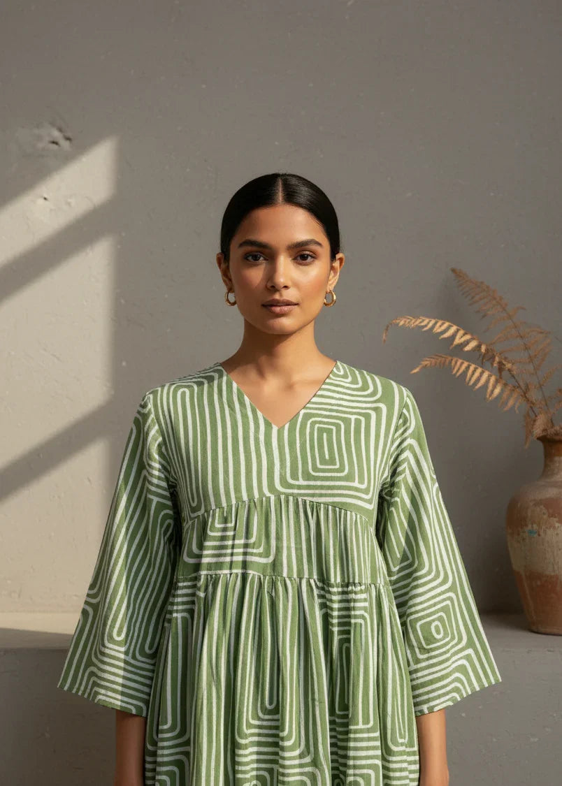Off White Geometric Print V-Neck Dress for women - SanskrutiHomes