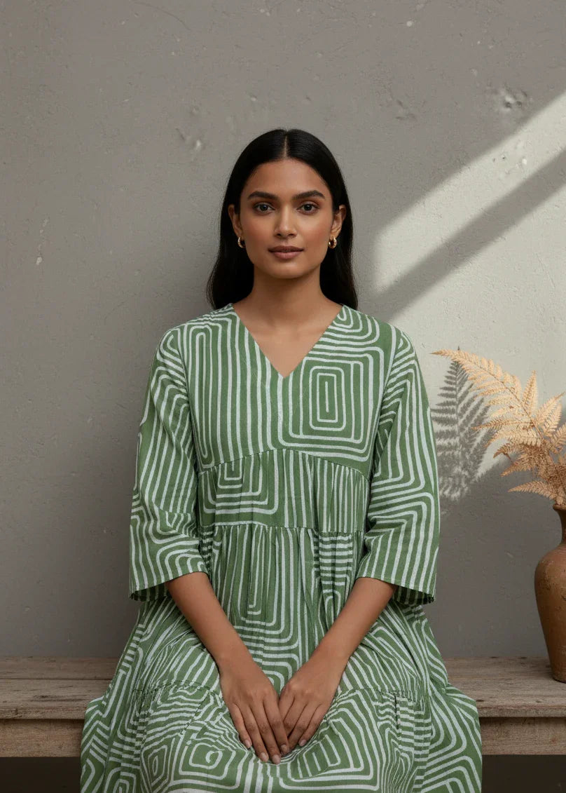 Off White Geometric Print V-Neck Dress for women - SanskrutiHomes