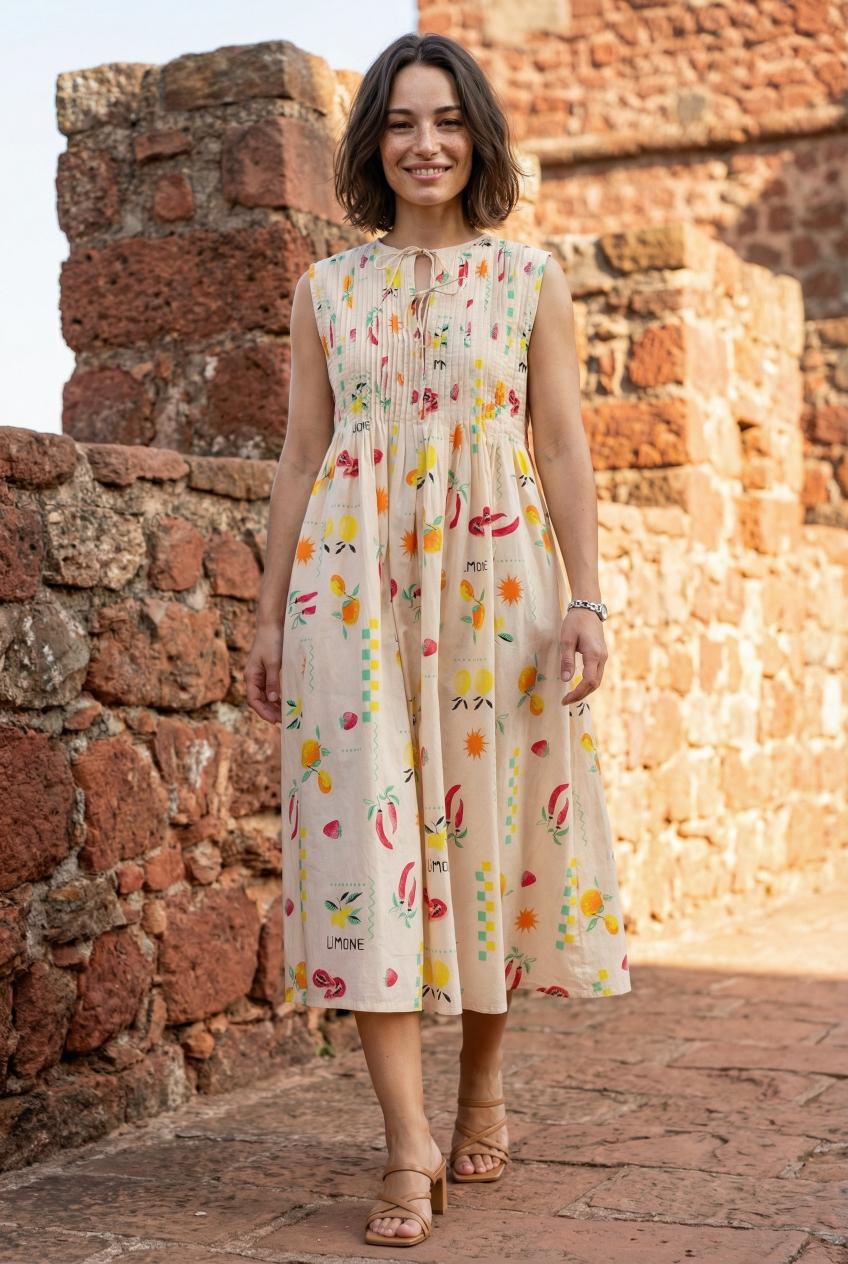 Peach Round Neck Print Cotton Dress For Women