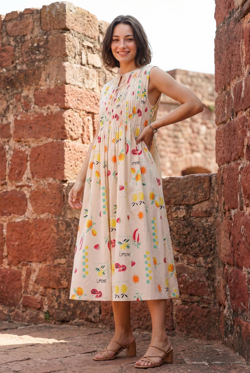 Peach Round Neck Print Cotton Dress For Women