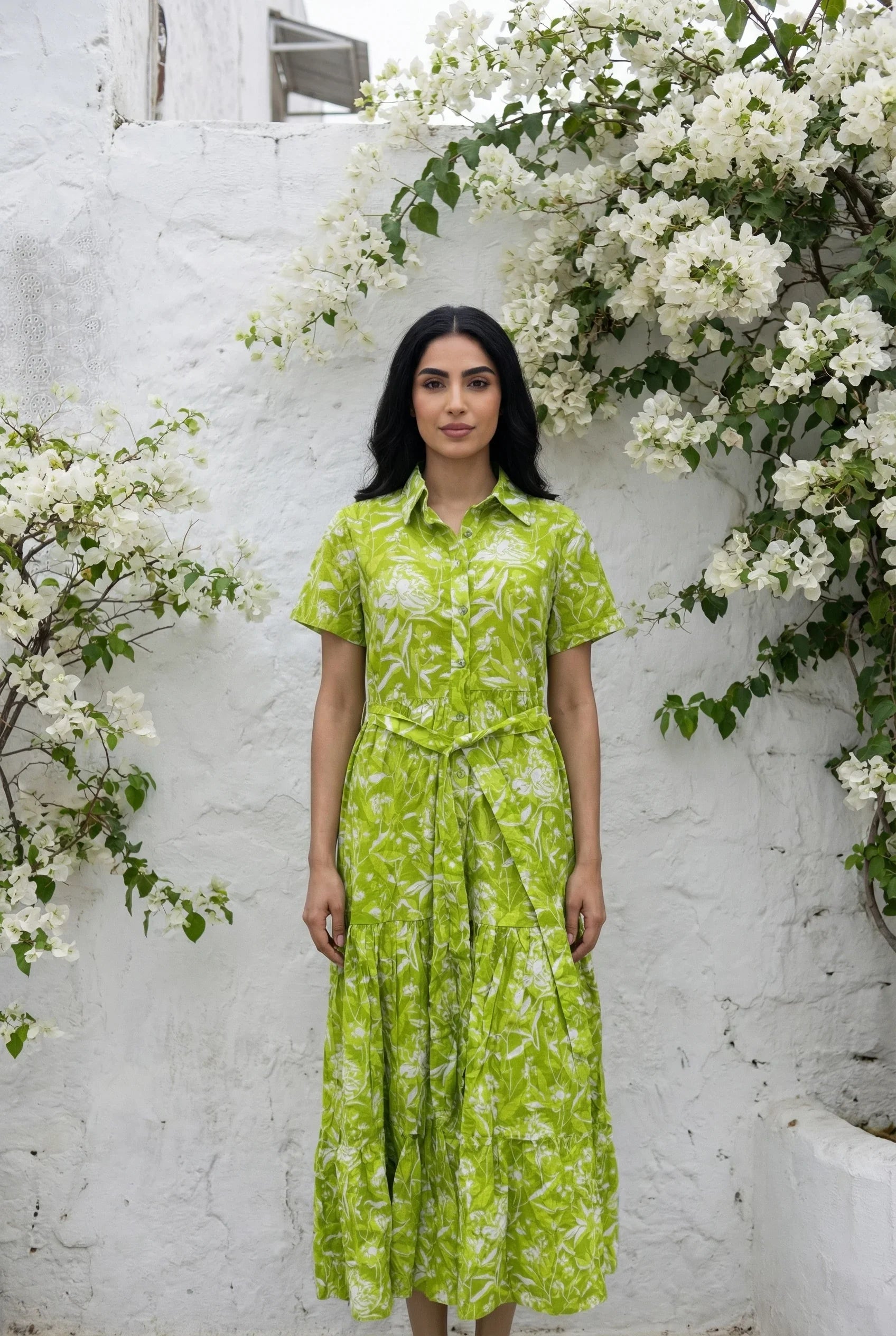 Green Floral Print Shirt Collar Flared Dress for Women - SanskrutiHomes