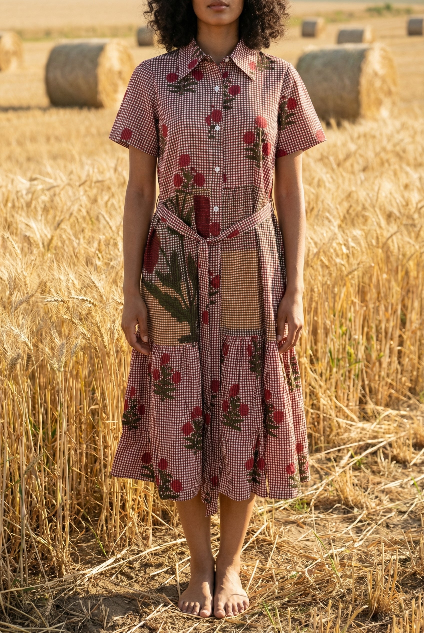 Red Floral Print Shirt Collar Cotton Dress for Women