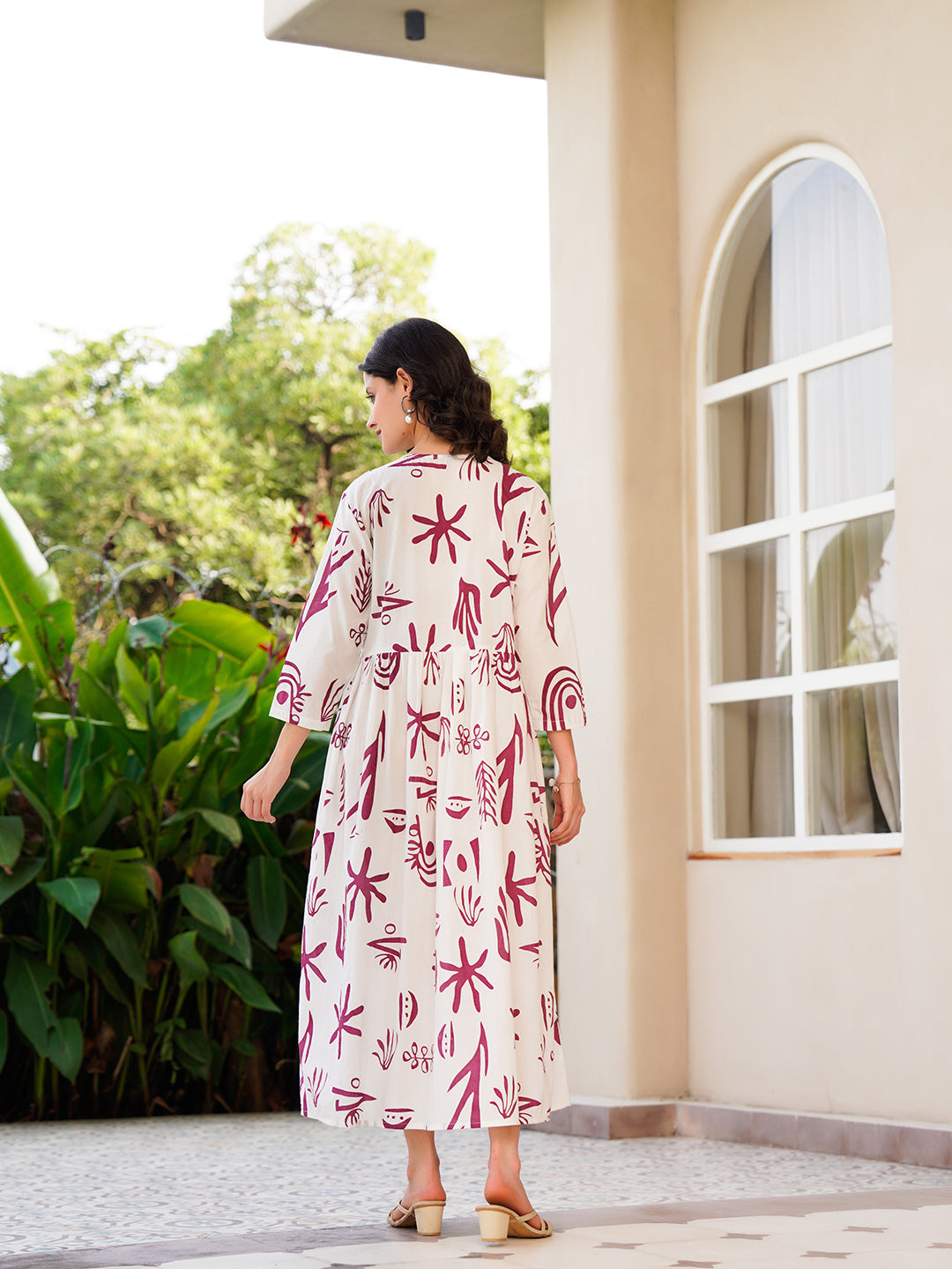 Off White Cotton Printed Shirt Collar Dress for Women
