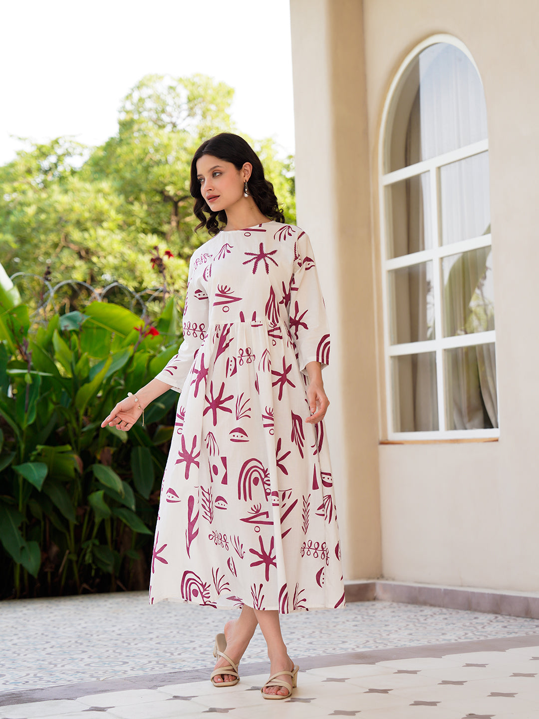 Off White Cotton Printed Shirt Collar Dress for Women