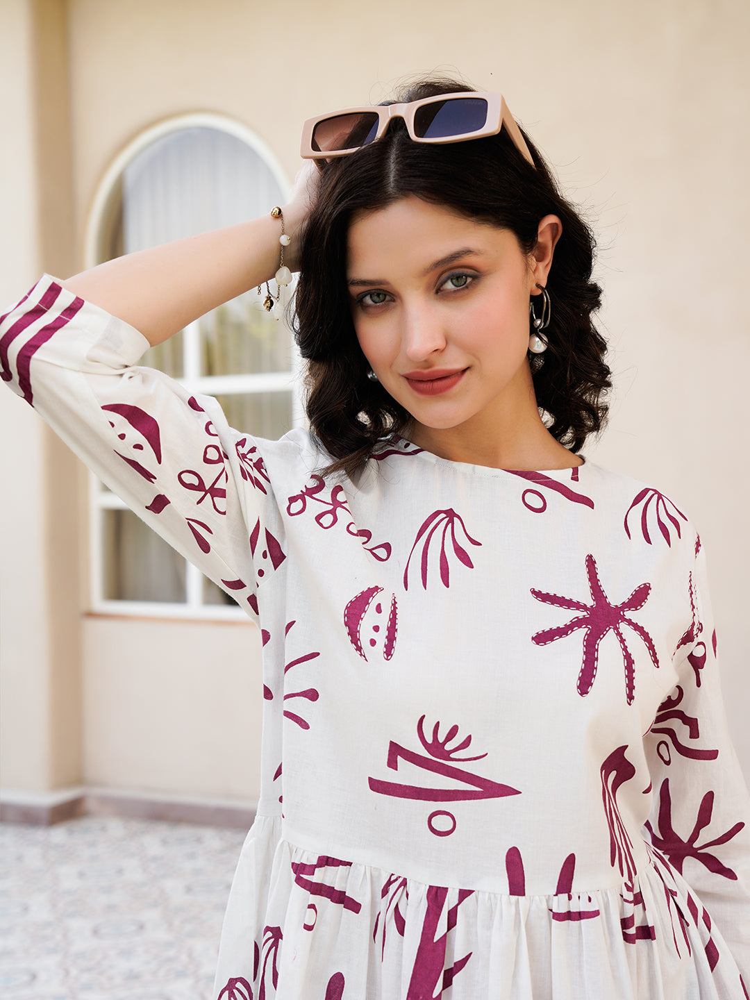 Off White Cotton Printed Shirt Collar Dress for Women
