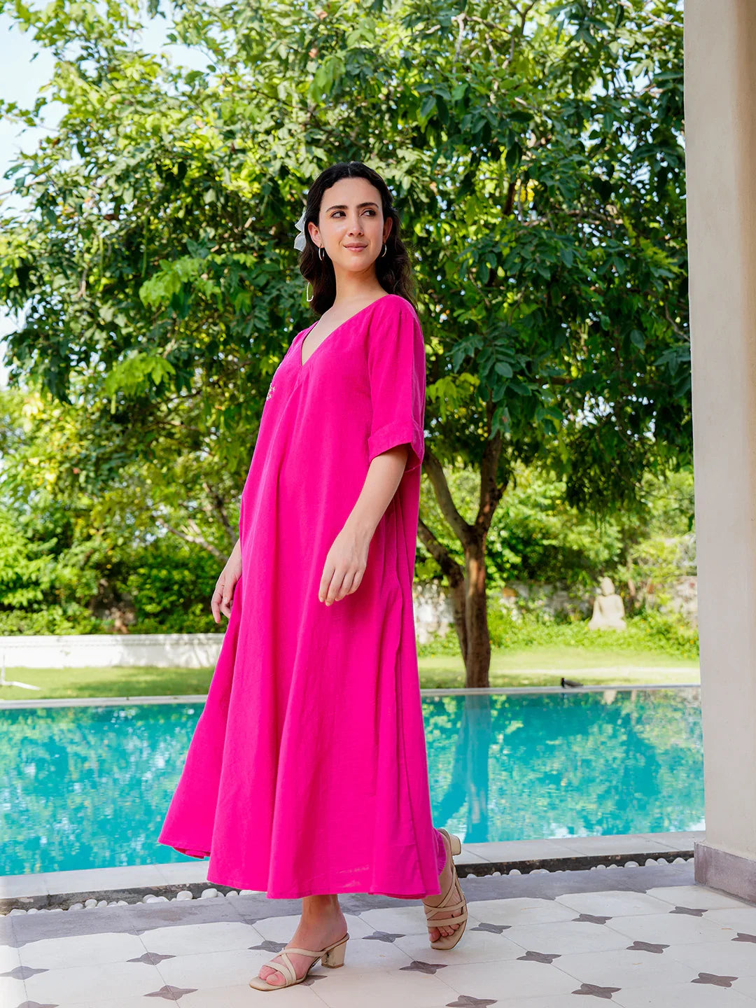 Pink Cotton Solid V-Neck Dress For Women