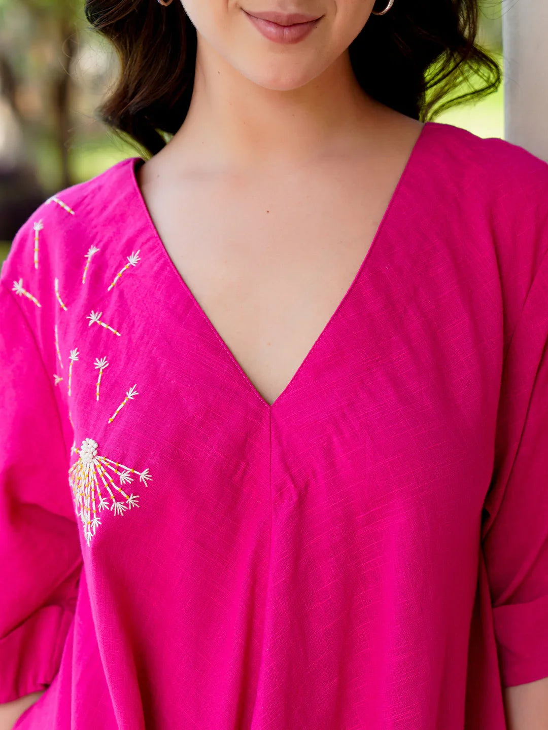 Pink Cotton Solid V-Neck Dress For Women