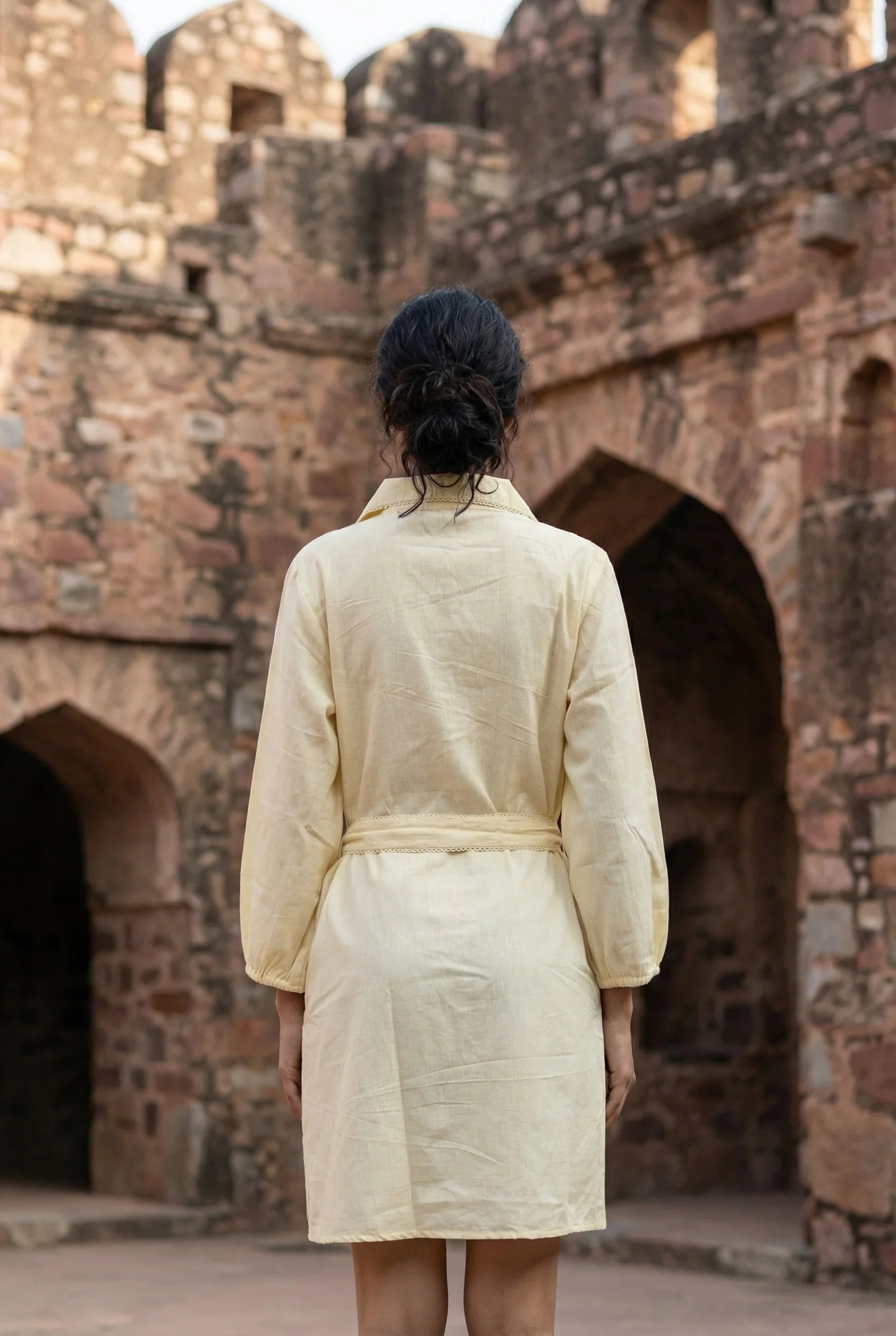 Cream Solid Cotton Shirt Collar Flared Cotton Dress for Women - SanskrutiHomes