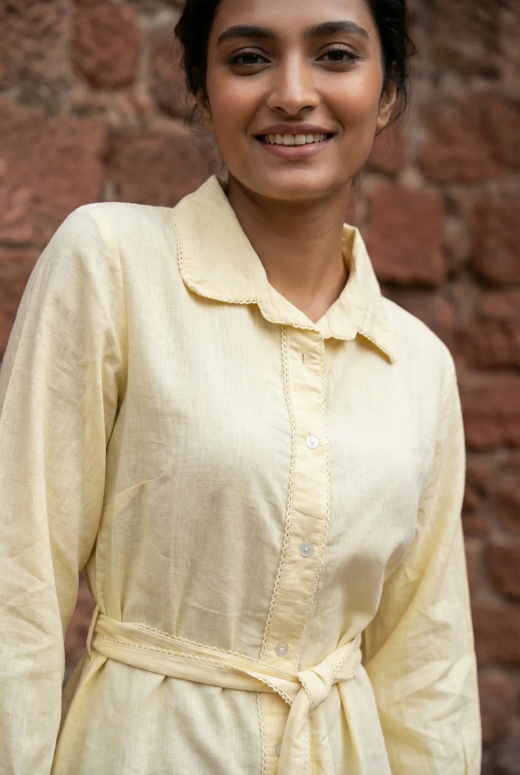 Cream Solid Cotton Shirt Collar Flared Cotton Dress for Women - SanskrutiHomes