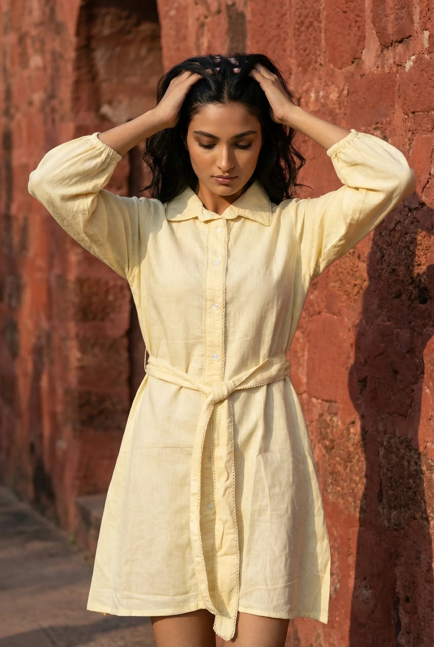 Cream Solid Cotton Shirt Collar Flared Cotton Dress for Women - SanskrutiHomes