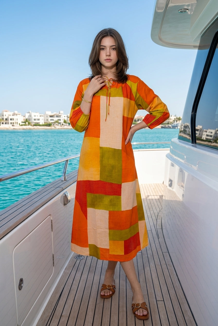 Orange Block Cotton Round Neck Midi Dress For Women