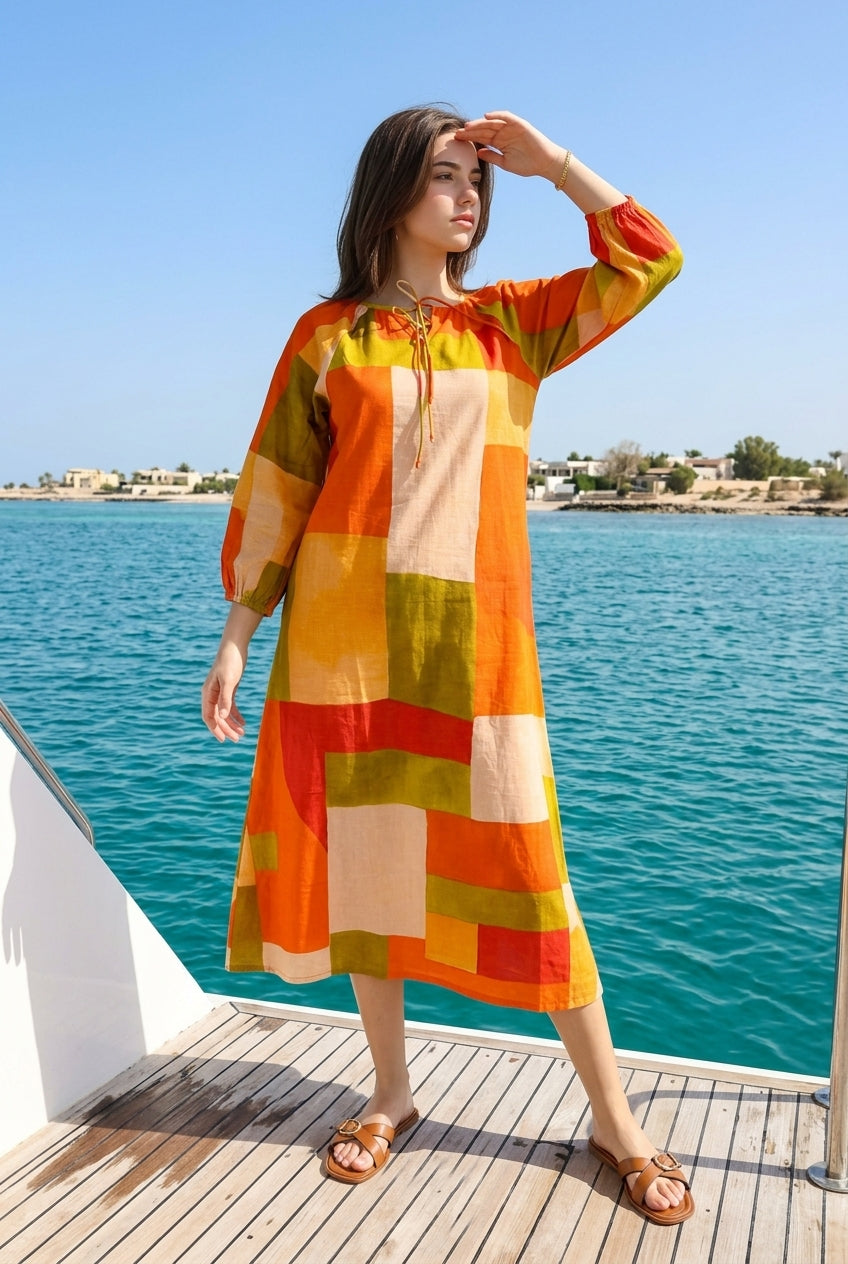 Orange Block Cotton Round Neck Midi Dress For Women