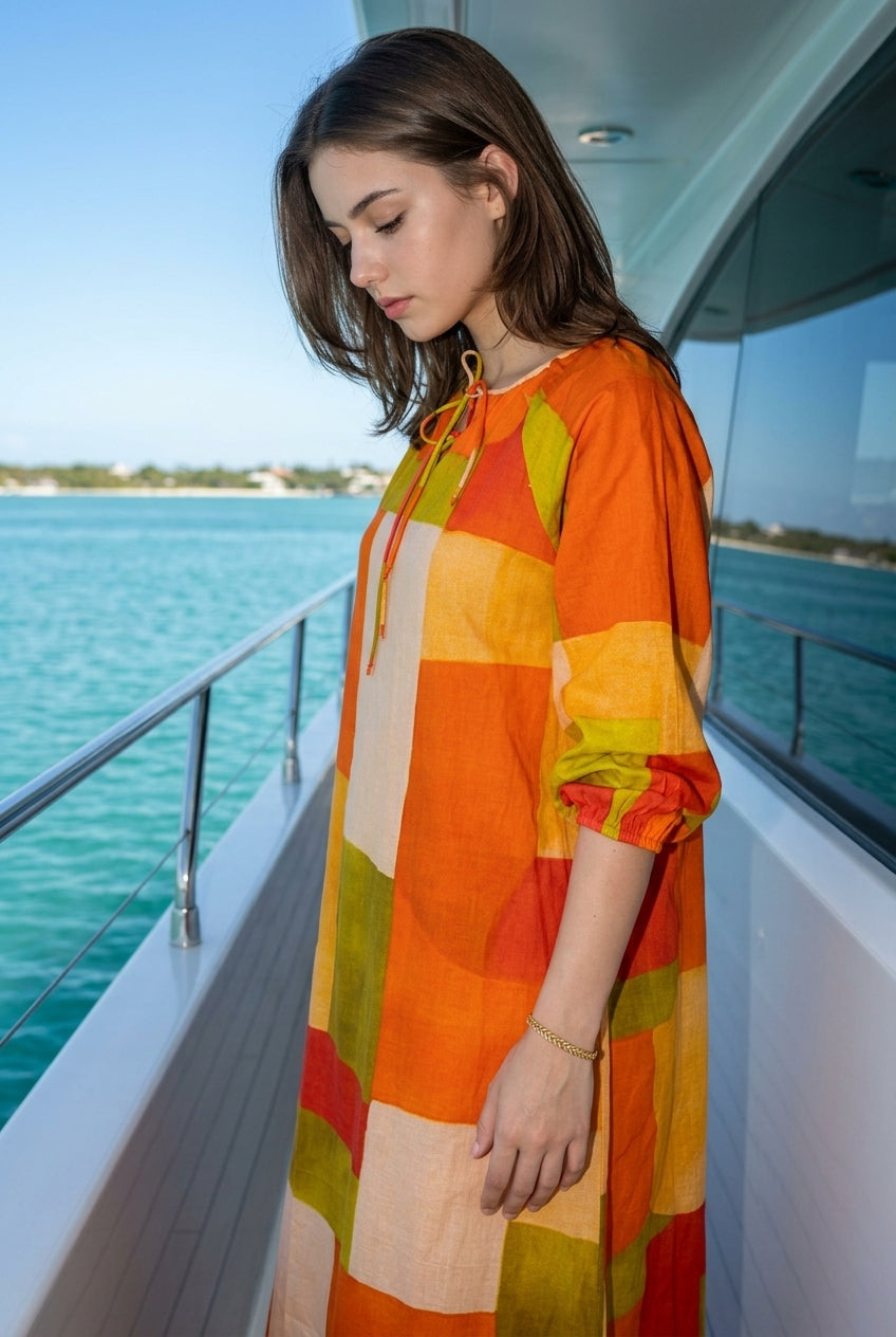 Orange Block Cotton Round Neck Midi Dress For Women