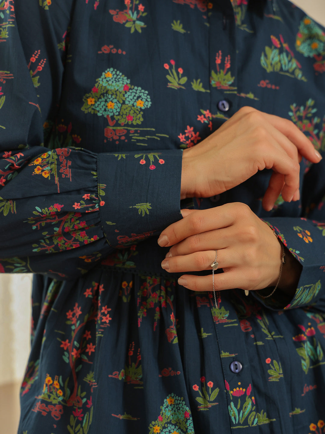 Navy Blue Cotton Printed Shirt Collar Dress for Women
