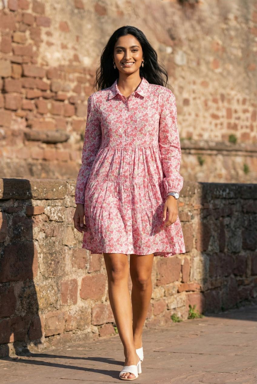 Pink Floral Print Shirt Collar Full Sleeve Dress For Women