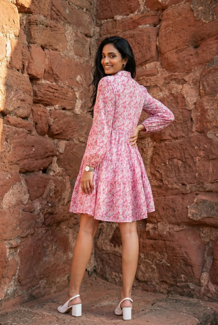 Pink Floral Print Shirt Collar Full Sleeve Dress For Women