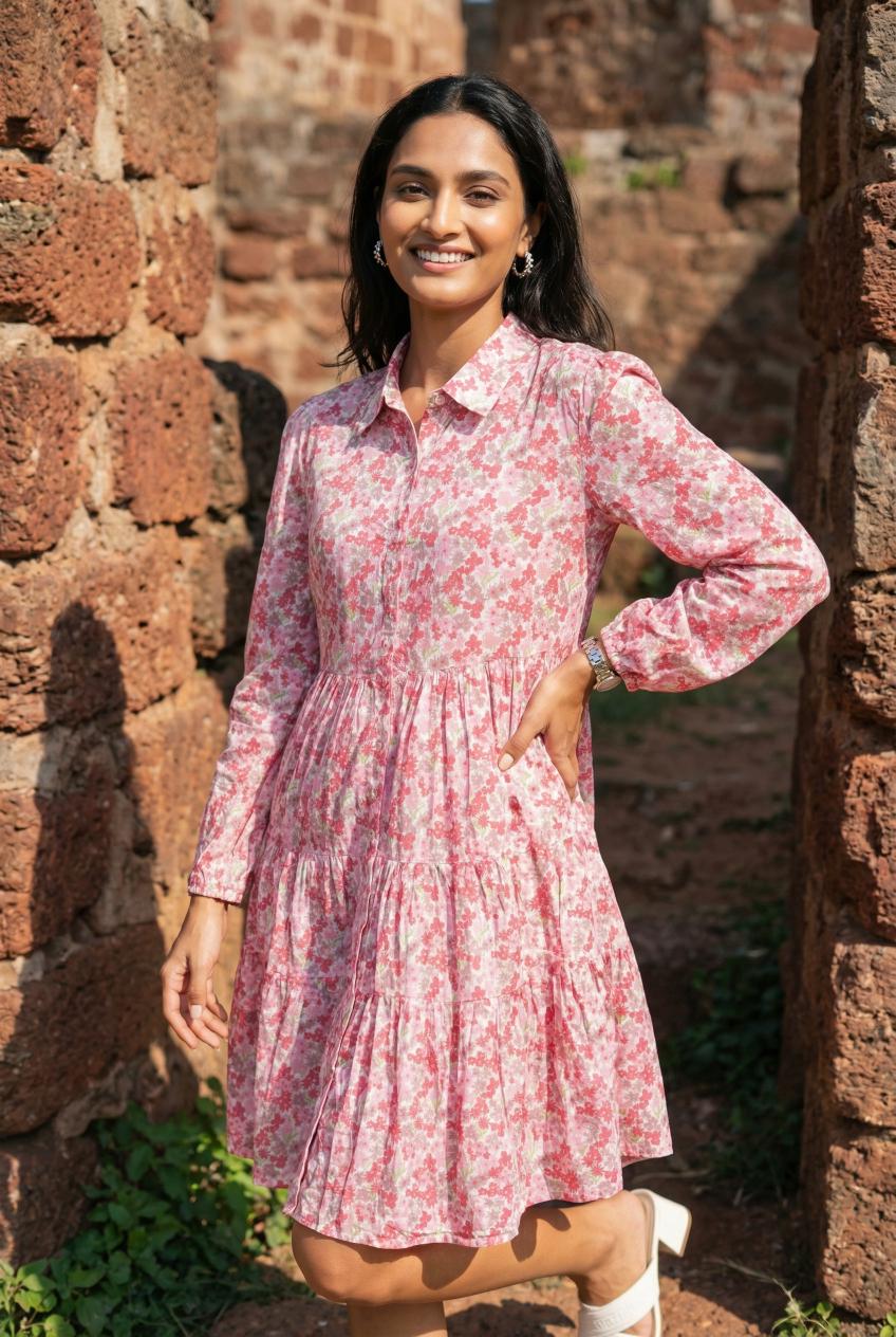 Pink Floral Print Shirt Collar Full Sleeve Dress For Women