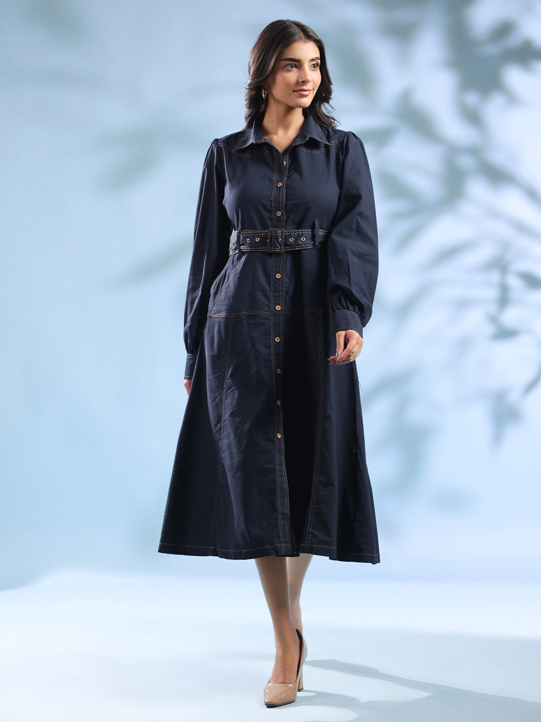 Blue Solid Denim Shirt Collar Dress for Women