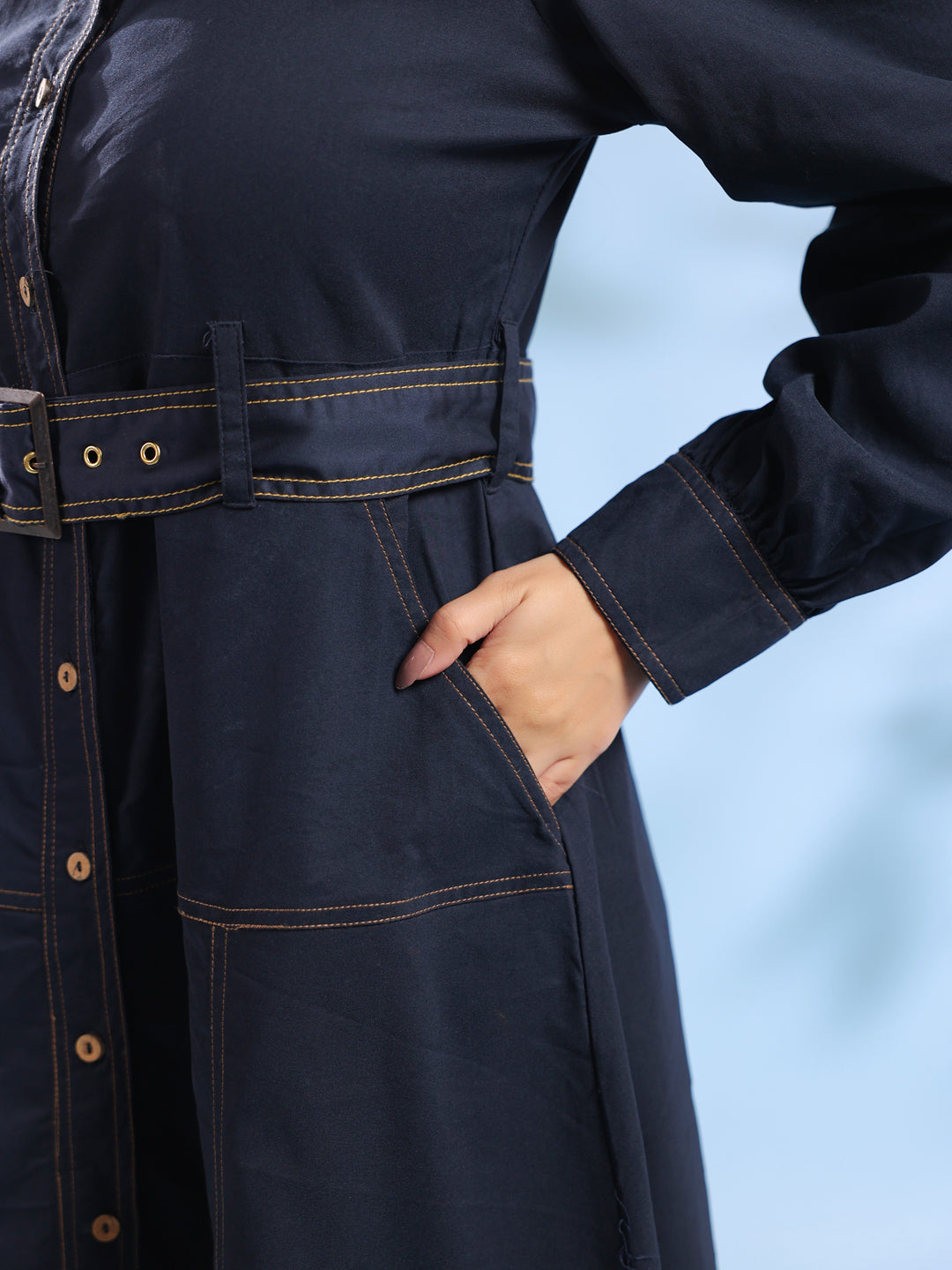 Blue Solid Denim Shirt Collar Dress for Women