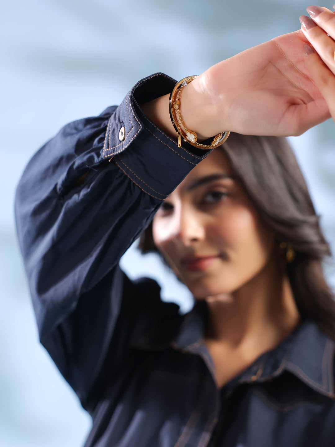 Blue Solid Denim Shirt Collar Dress for Women