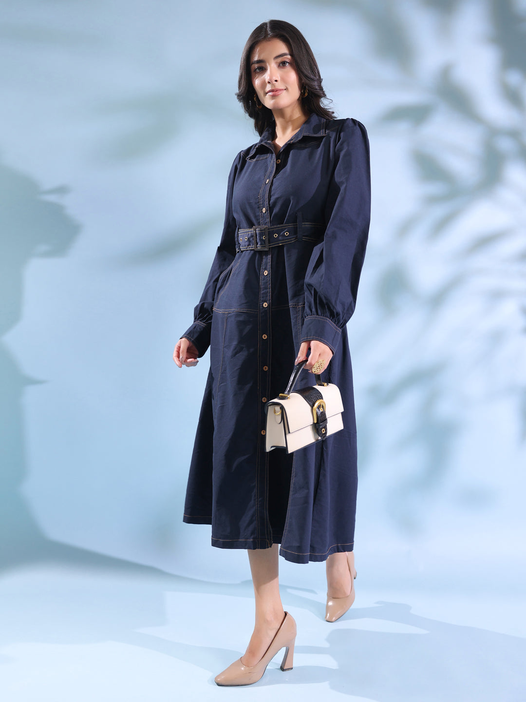 Blue Solid Denim Shirt Collar Dress for Women