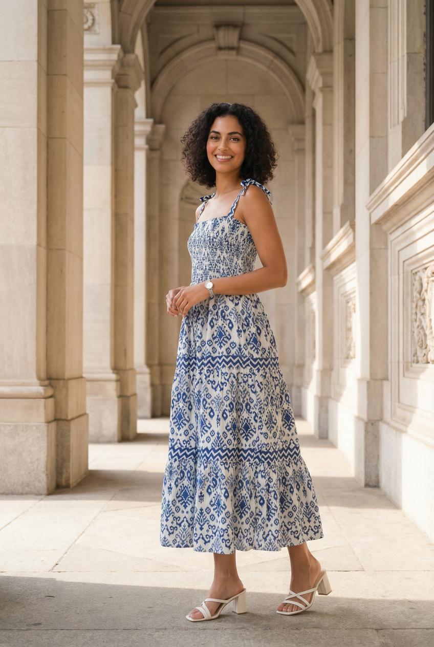 Blue Square Neck Printed Dress For Women