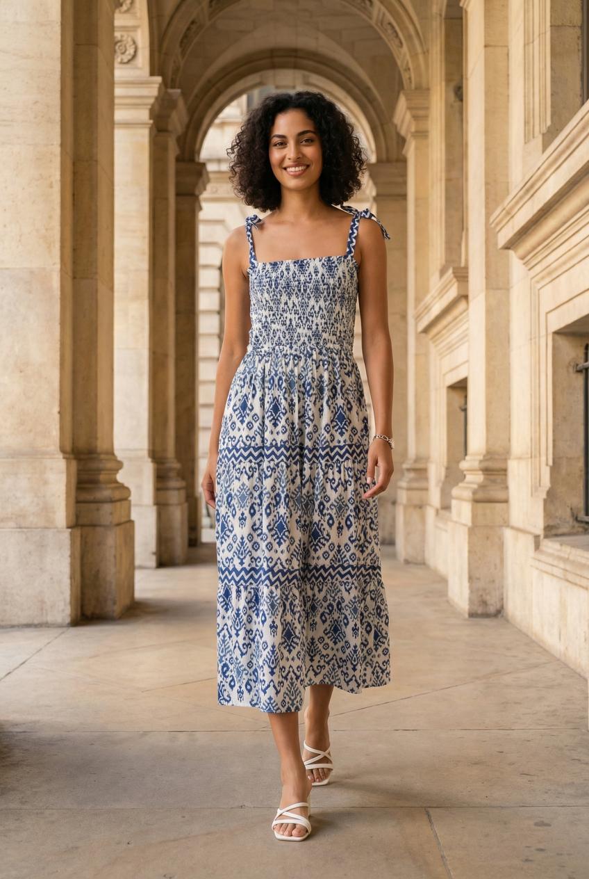 Blue Square Neck Printed Dress For Women