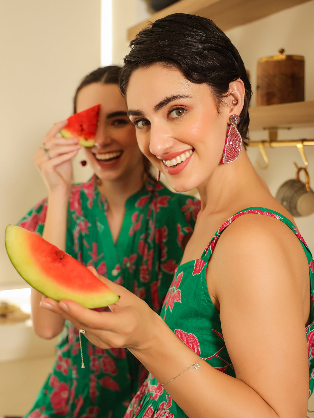 Green Cotton Printed Round Neck Dress for Women