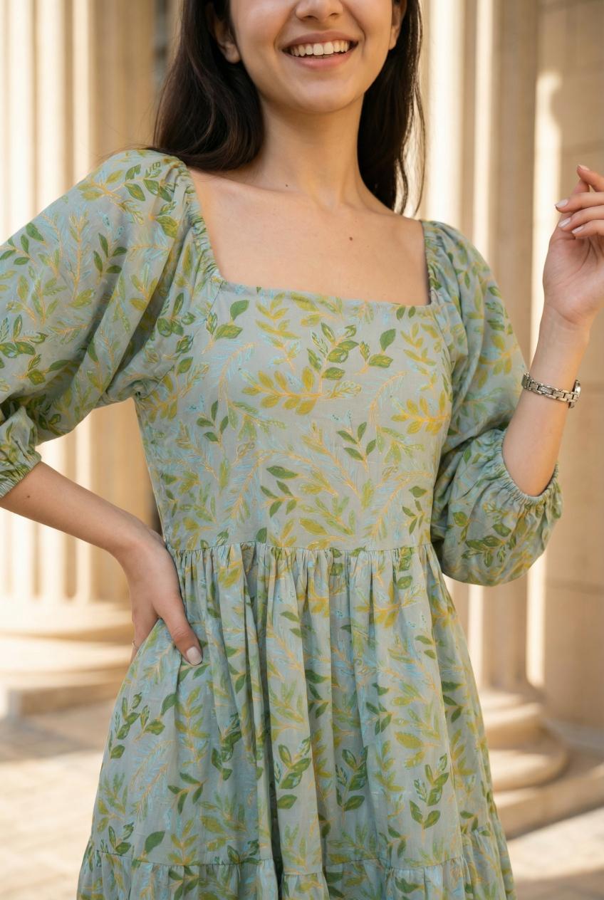 Women's Grey Floral Printed Cotton Dress