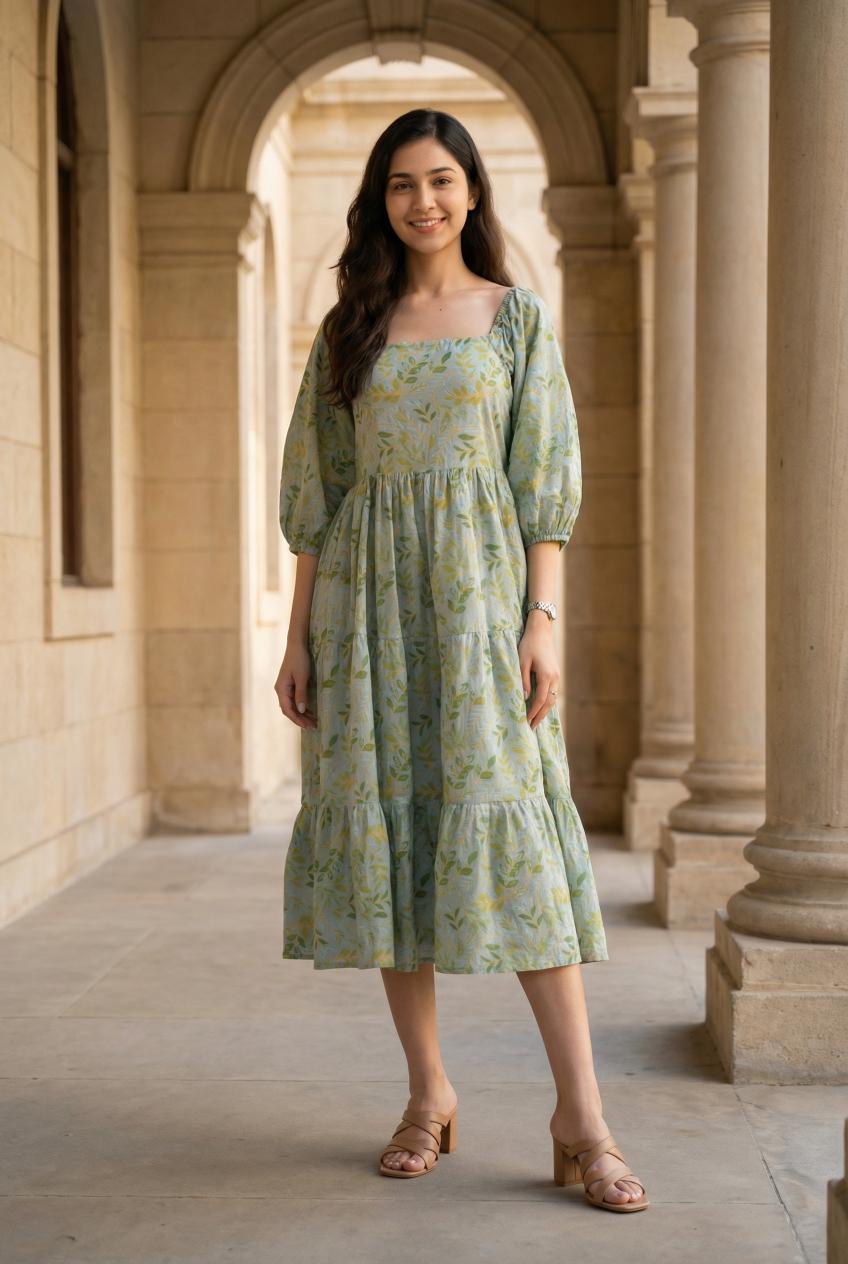 Women's Grey Floral Printed Cotton Dress